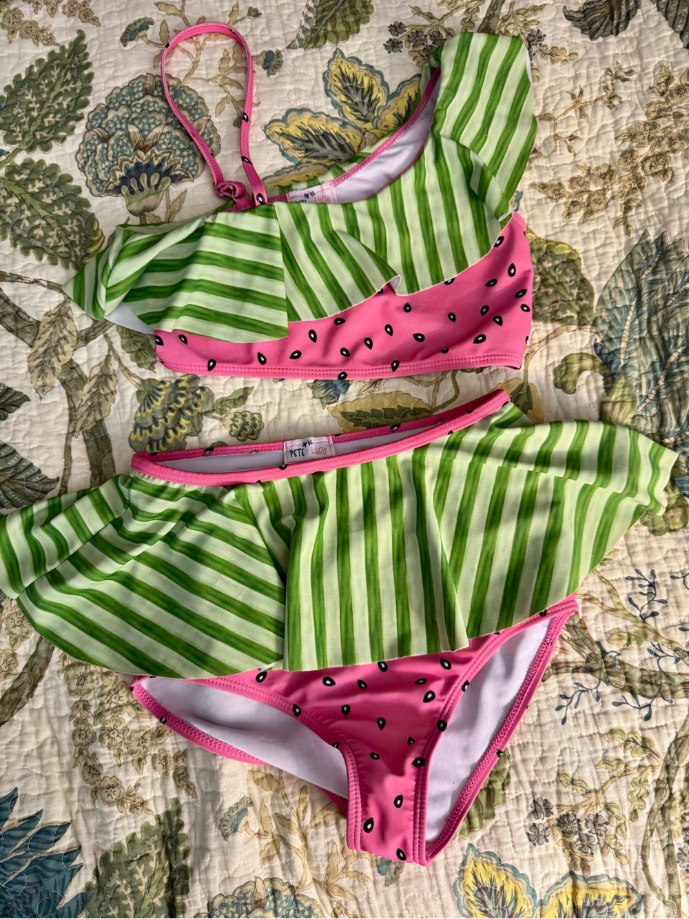 Adorable Green Stripe & Pink Watermelon Two-Piece Swimsuit